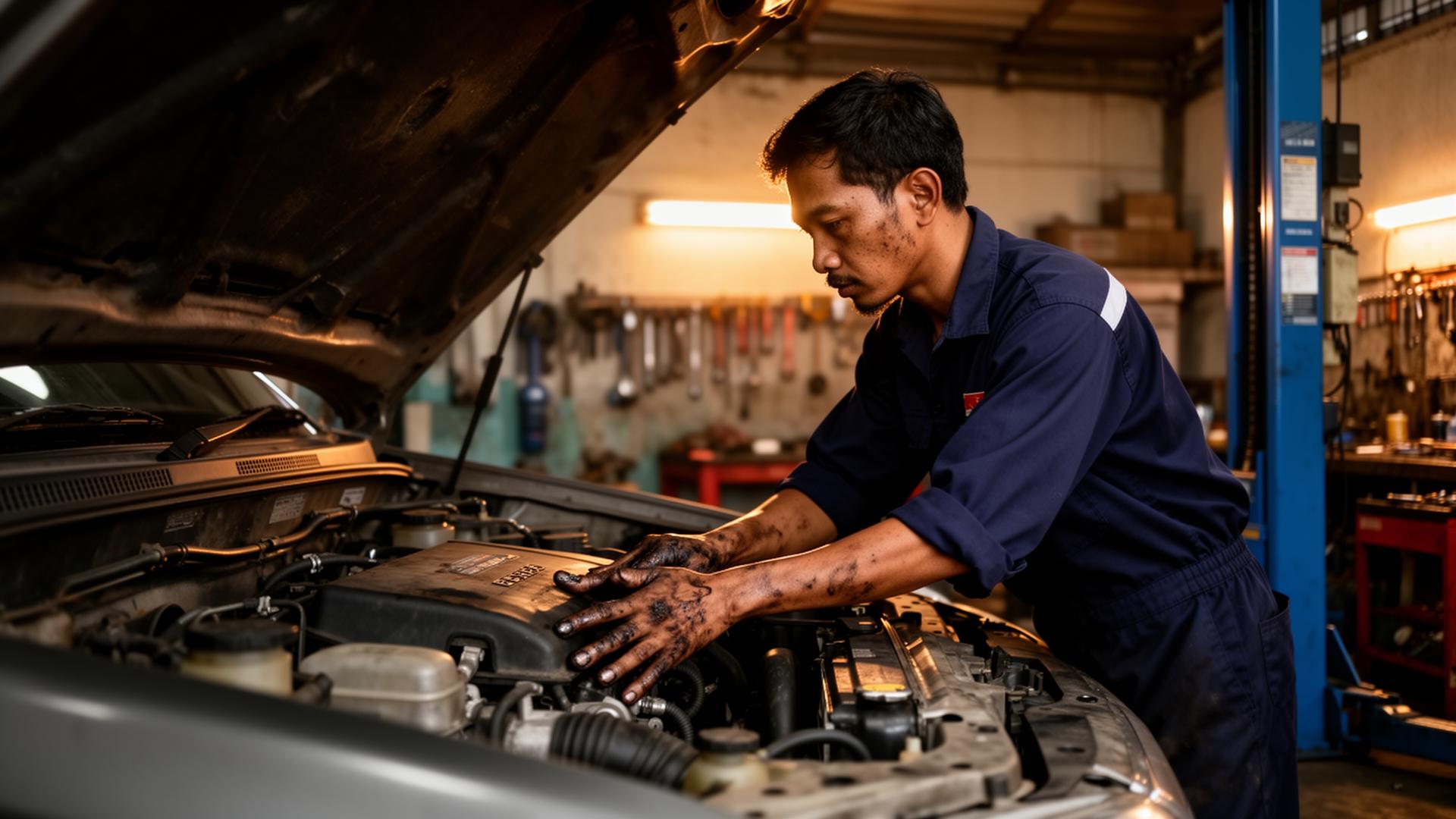 Mekanik DoctorDiesel.id memperbaiki mesin diesel di bengkel Jakarta